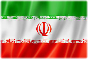Die iranische Flagge: Grün steht für Islam, Weiß für Frieden und Freundschaft und Rot für Mut. Die iranische Flagge mit dem Emblem des Iran in ihrer Mitte.